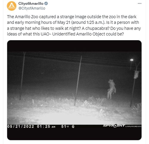 In 2022, Amarillo Zoo shared CCTV footage of the odd figure. Image Credit: @CityofAmarillo/X