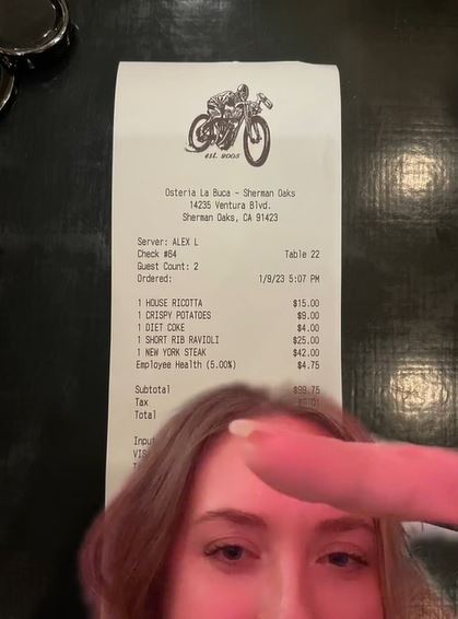 Receipt reveals 5% charge for 'Employee Health' under meal expenses. Image Credits: @ashnichole_xo/TikTok