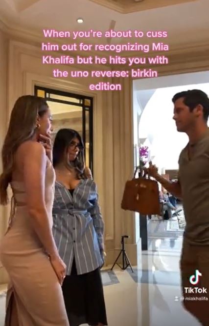Mia Khalifa joked on TikTok about the encounter and shopping for a Birkin.  Image Credits: TikTok/@lyamariella