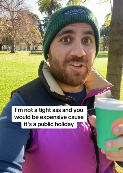 The video sparked debate on holiday surcharges and cafe pricing. Image Credits: @thebearded86/Tiktok