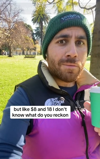 A man shocked social media with an $8.18 cappuccino charge. Image Credits: @thebearded86/Tiktok