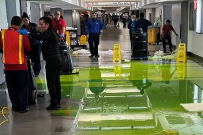 Lime green liquid leaked from the ceiling at Miami International Airport on July Fourth. Image Credits: Miami International Airport/X